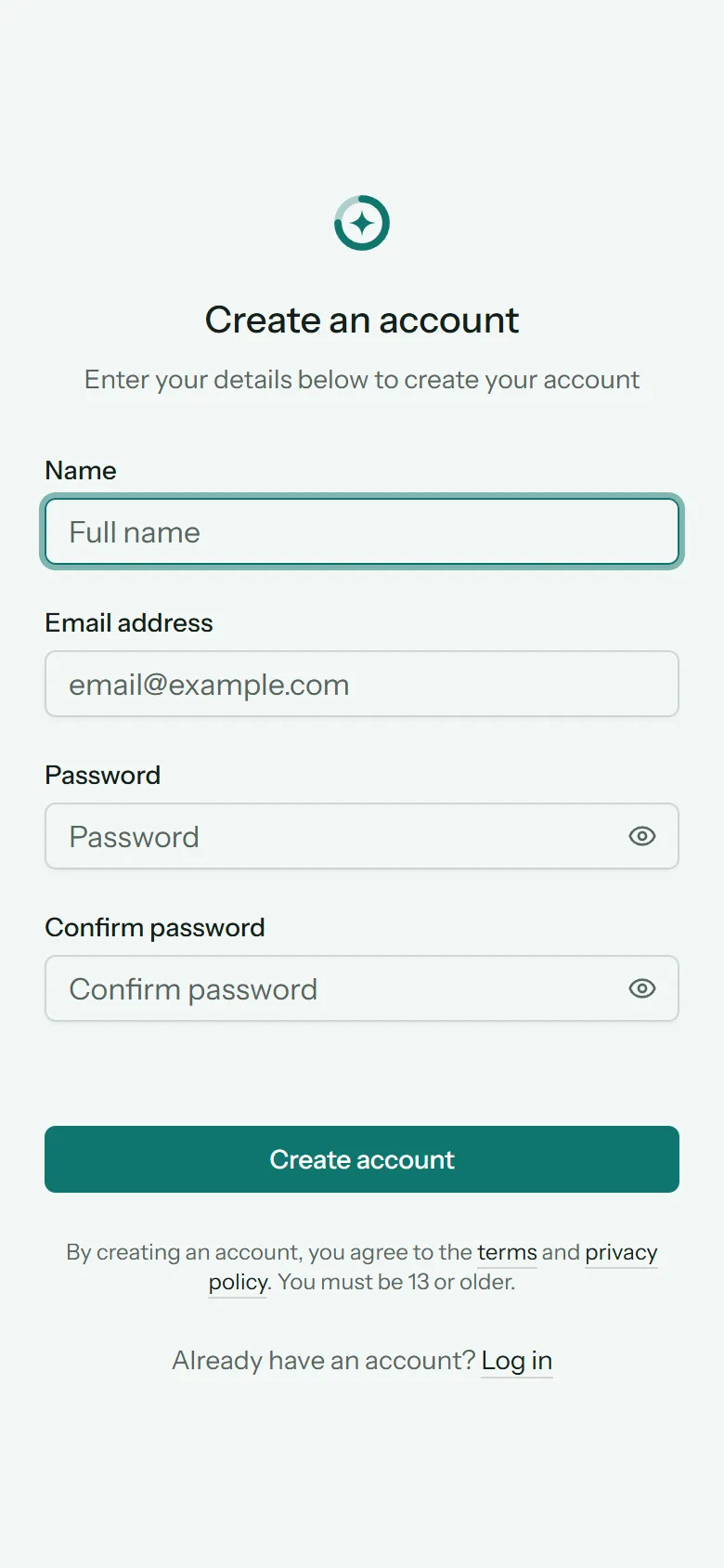 The sign-up form